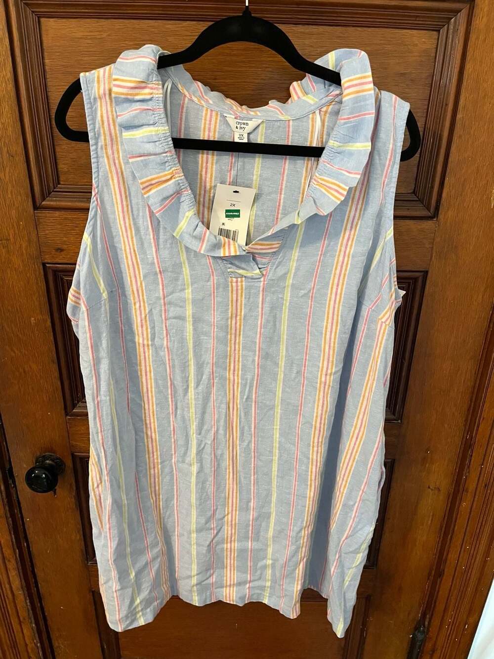 Crown & Ivy Women's Sleeveless Ruffle Neck Striped Dress, Size 2X